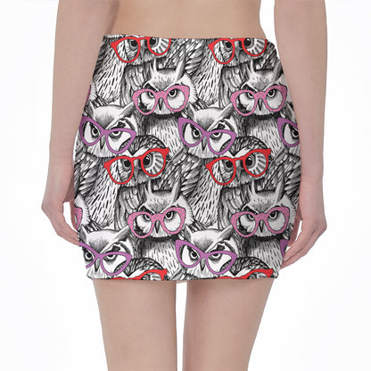 Owl With Glasses Pattern Print Pencil Mini Skirt