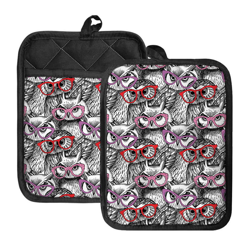Owl With Glasses Pattern Print Pot Holders With Pocket