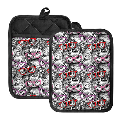 Owl With Glasses Pattern Print Pot Holders With Pocket