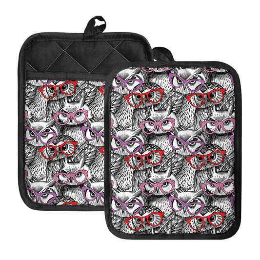 Owl With Glasses Pattern Print Pot Holders With Pocket