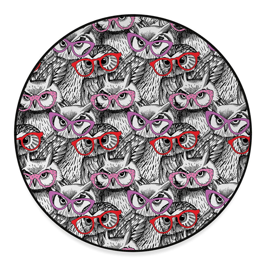 Owl With Glasses Pattern Print Round Floor Mat