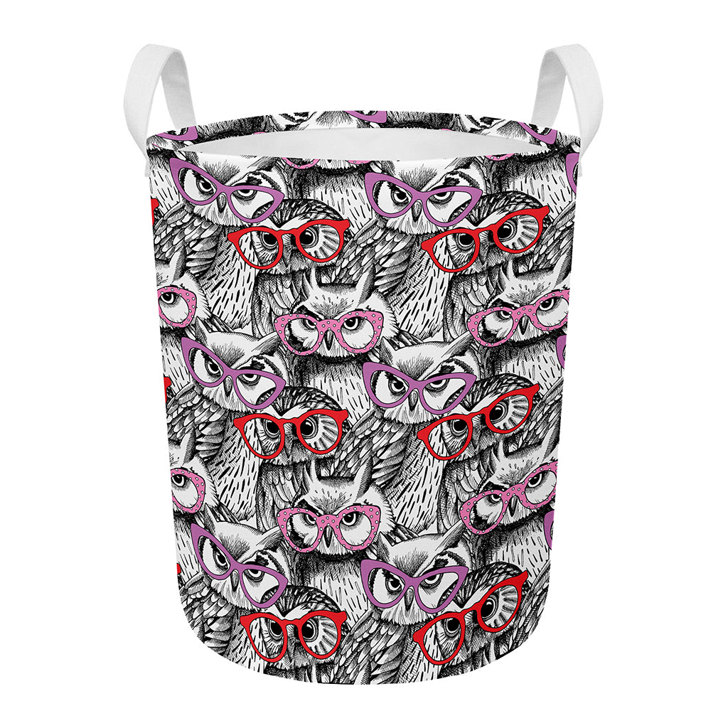 Owl With Glasses Pattern Print Round Laundry Basket
