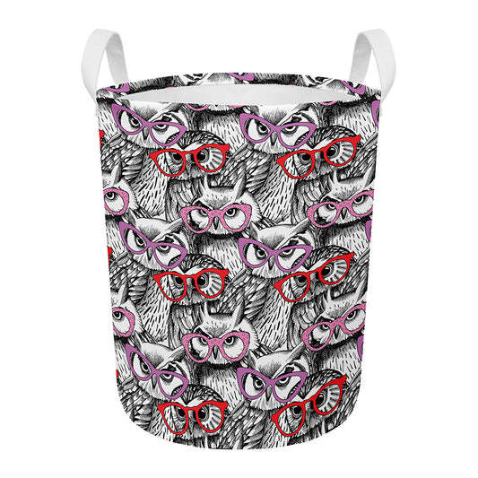 Owl With Glasses Pattern Print Round Laundry Basket