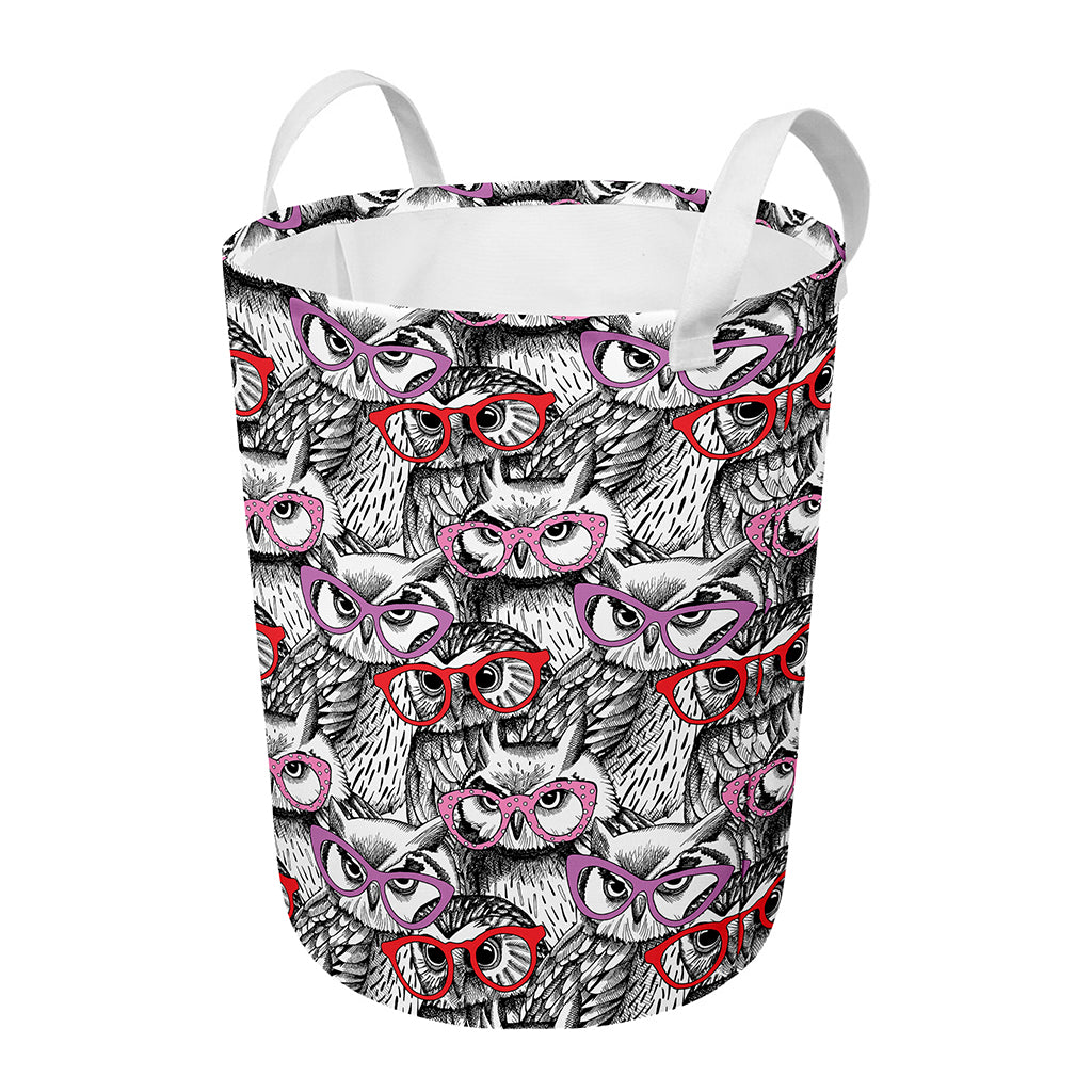 Owl With Glasses Pattern Print Round Laundry Basket
