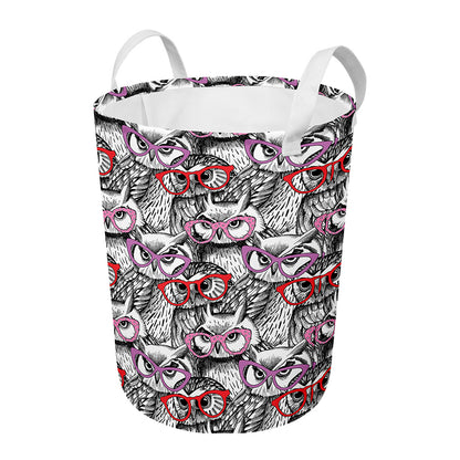 Owl With Glasses Pattern Print Round Laundry Basket