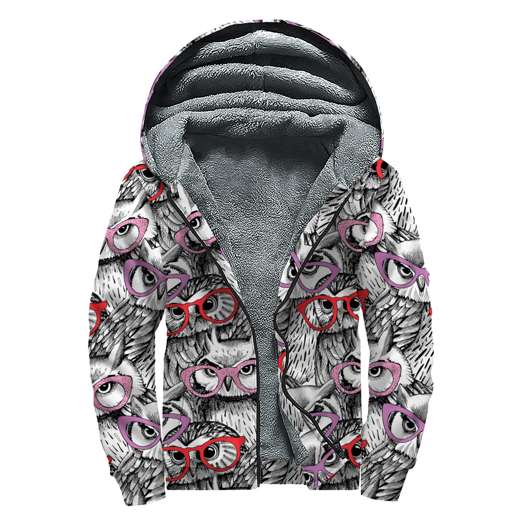 Owl With Glasses Pattern Print Sherpa Lined Zip Up Hoodie