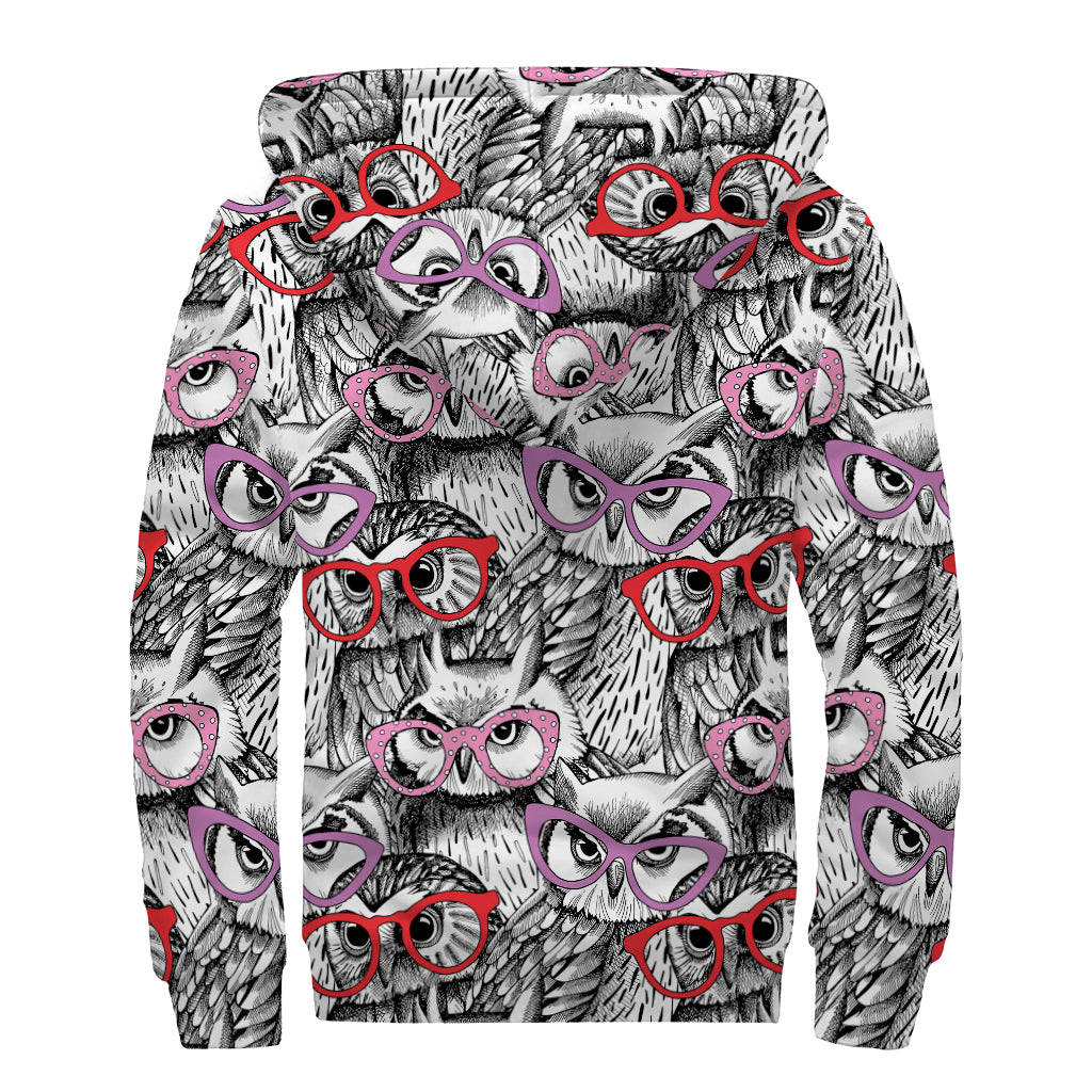Owl With Glasses Pattern Print Sherpa Lined Zip Up Hoodie
