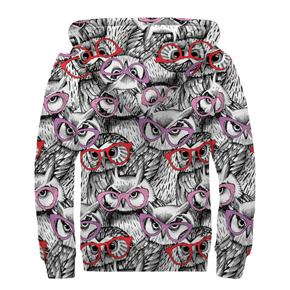 Owl With Glasses Pattern Print Sherpa Lined Zip Up Hoodie