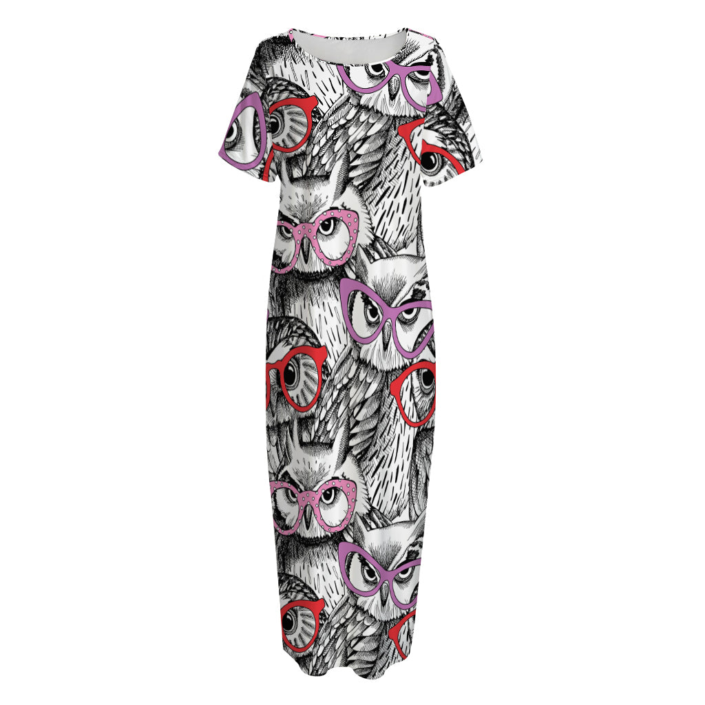 Owl With Glasses Pattern Print Short Sleeve Long Nightdress