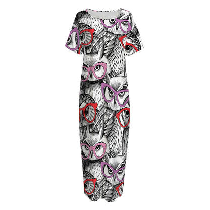 Owl With Glasses Pattern Print Short Sleeve Long Nightdress