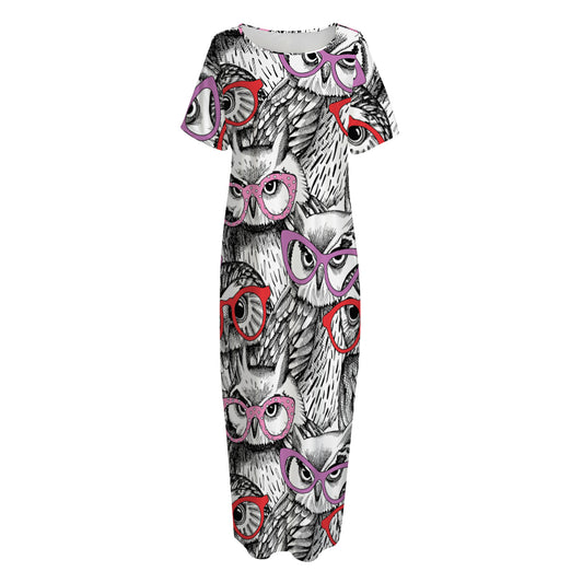 Owl With Glasses Pattern Print Short Sleeve Long Nightdress