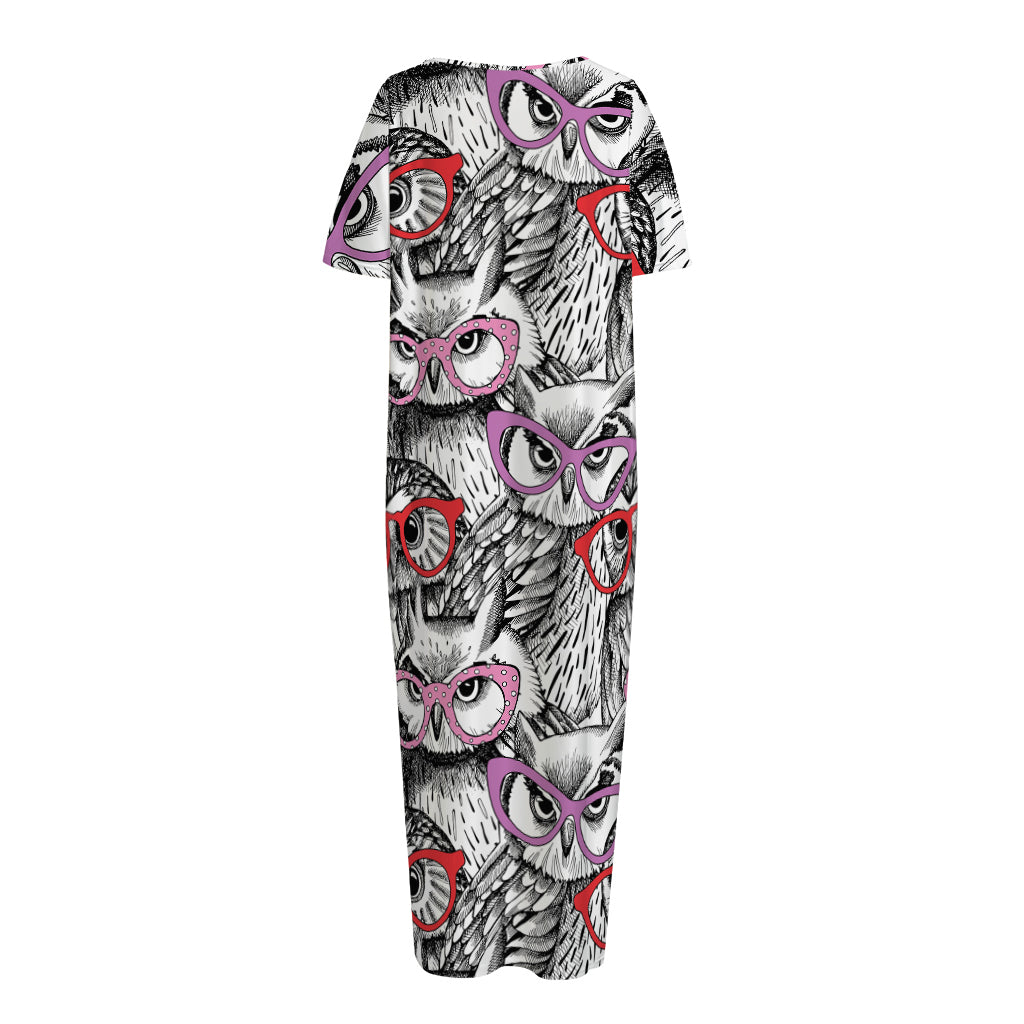 Owl With Glasses Pattern Print Short Sleeve Long Nightdress