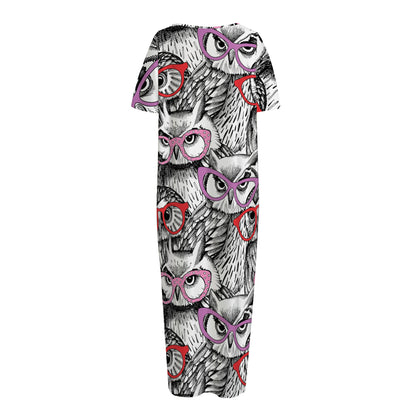 Owl With Glasses Pattern Print Short Sleeve Long Nightdress