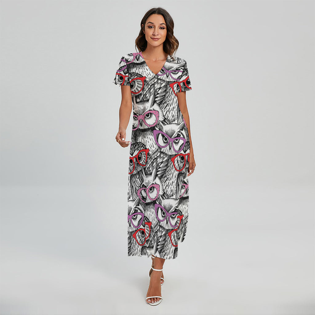 Owl With Glasses Pattern Print Short Sleeve Maxi Dress