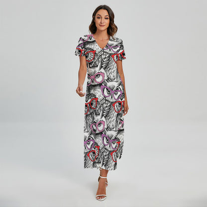 Owl With Glasses Pattern Print Short Sleeve Maxi Dress