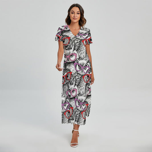 Owl With Glasses Pattern Print Short Sleeve Maxi Dress