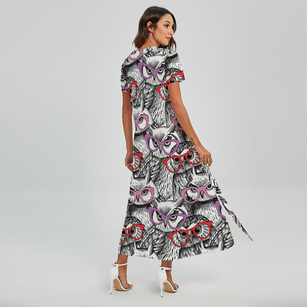 Owl With Glasses Pattern Print Short Sleeve Maxi Dress