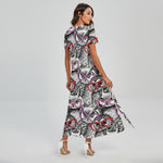 Owl With Glasses Pattern Print Short Sleeve Maxi Dress