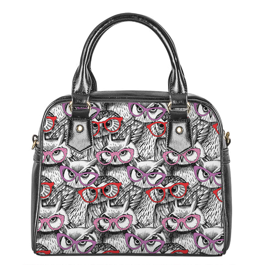 Owl With Glasses Pattern Print Shoulder Handbag