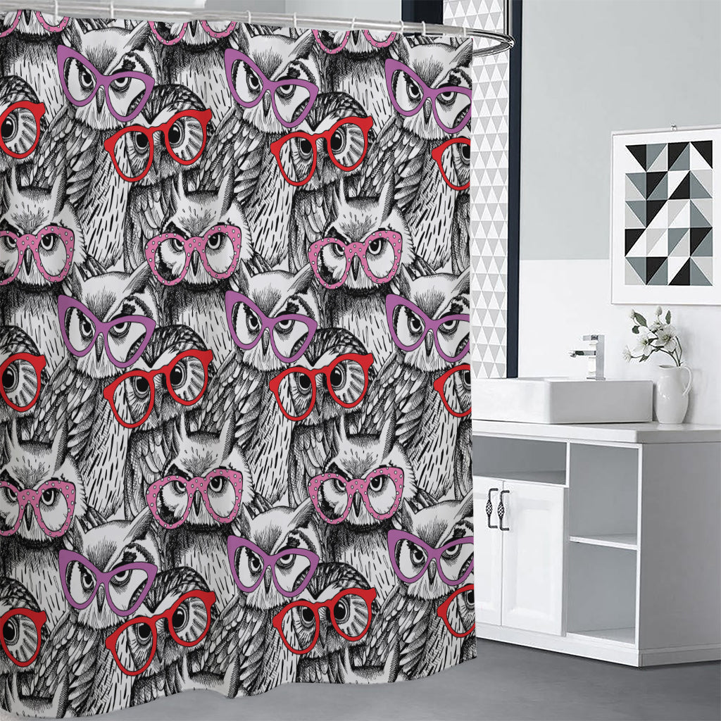 Owl With Glasses Pattern Print Shower Curtain