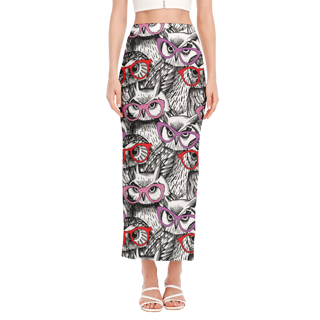 Owl With Glasses Pattern Print Side Slit Maxi Skirt