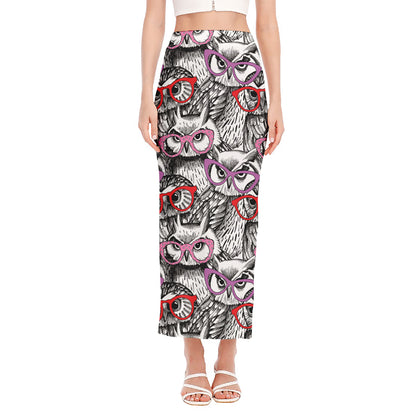 Owl With Glasses Pattern Print Side Slit Maxi Skirt