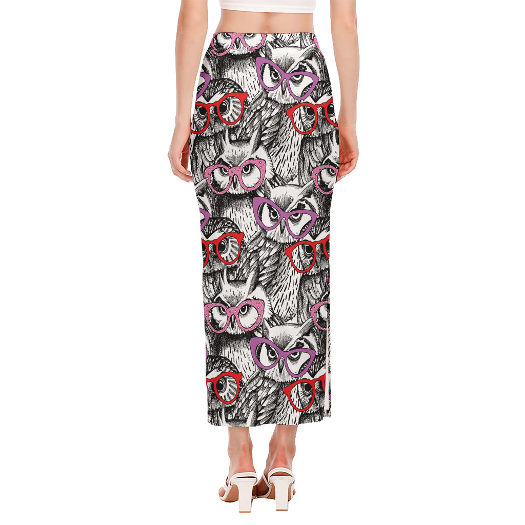 Owl With Glasses Pattern Print Side Slit Maxi Skirt