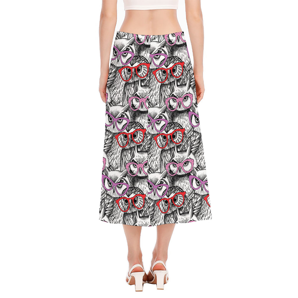 Owl With Glasses Pattern Print Side Slit Midi Skirt
