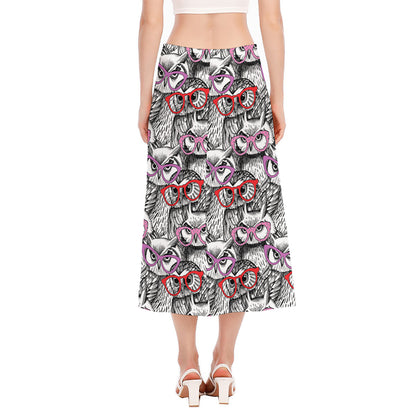 Owl With Glasses Pattern Print Side Slit Midi Skirt
