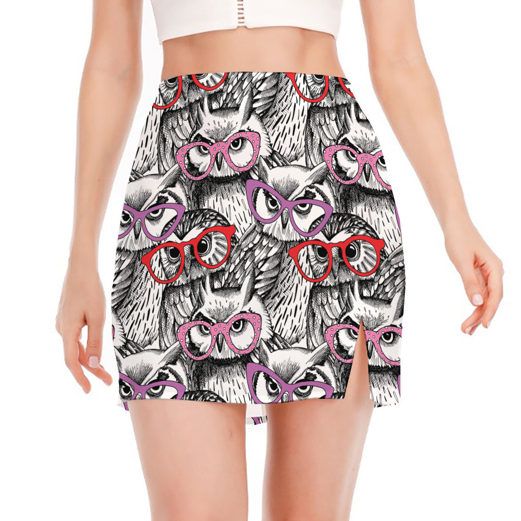 Owl With Glasses Pattern Print Side Slit Mini Skirt