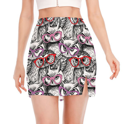 Owl With Glasses Pattern Print Side Slit Mini Skirt