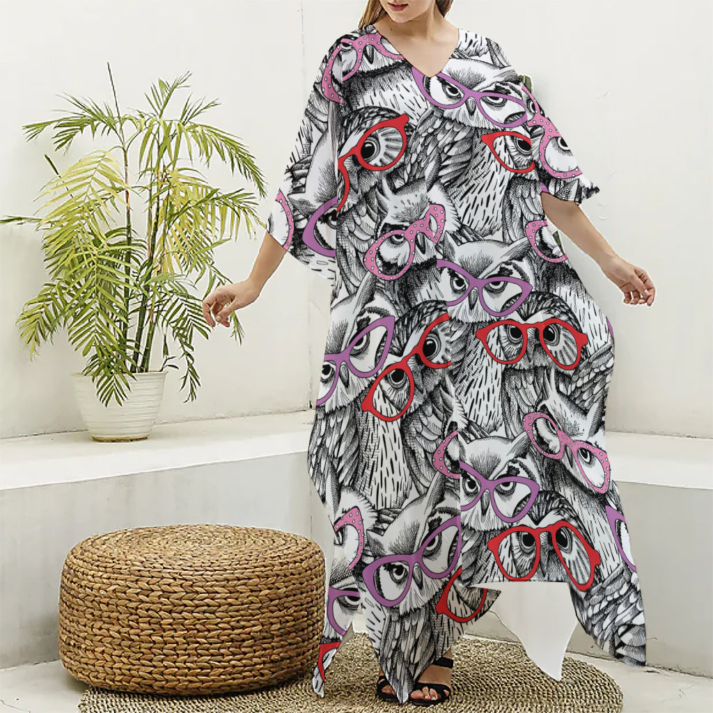 Owl With Glasses Pattern Print Silk V-Neck Kaftan Dress
