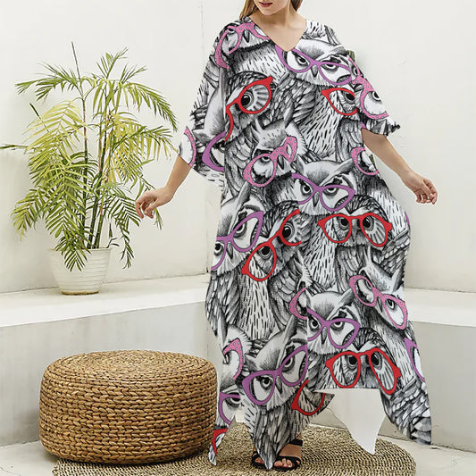 Owl With Glasses Pattern Print Silk V-Neck Kaftan Dress