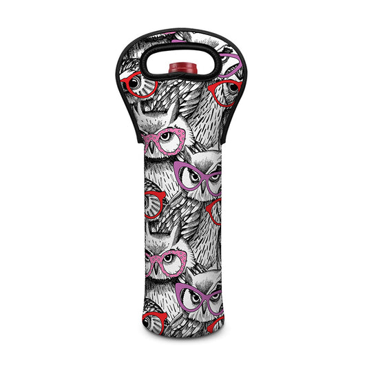 Owl With Glasses Pattern Print Single Neoprene Wine Tote