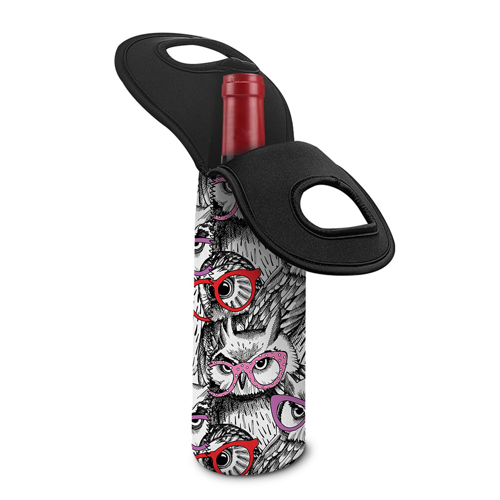 Owl With Glasses Pattern Print Single Neoprene Wine Tote
