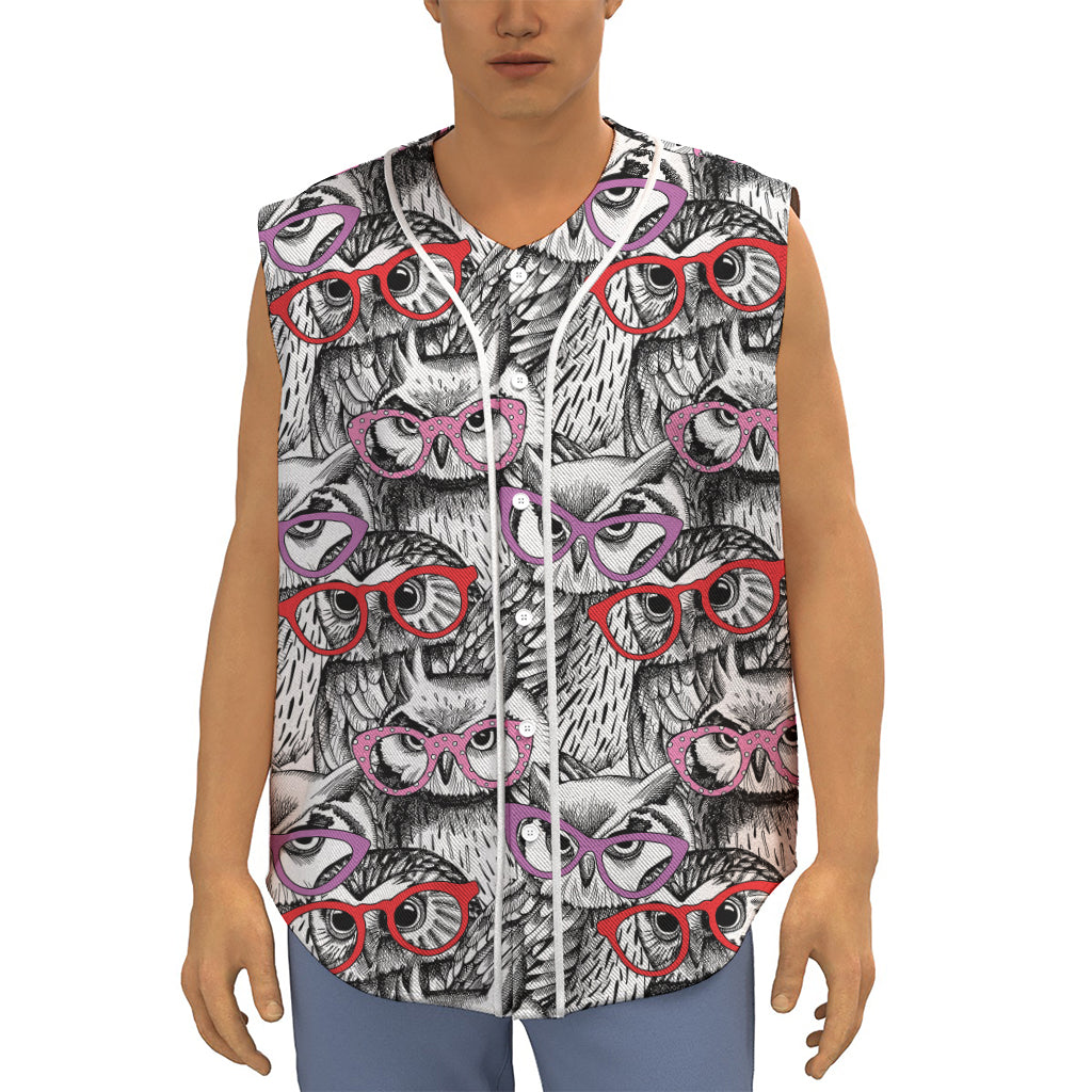 Owl With Glasses Pattern Print Sleeveless Baseball Jersey