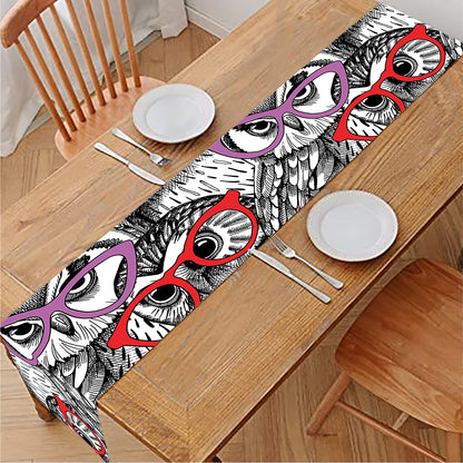Owl With Glasses Pattern Print Table Runner
