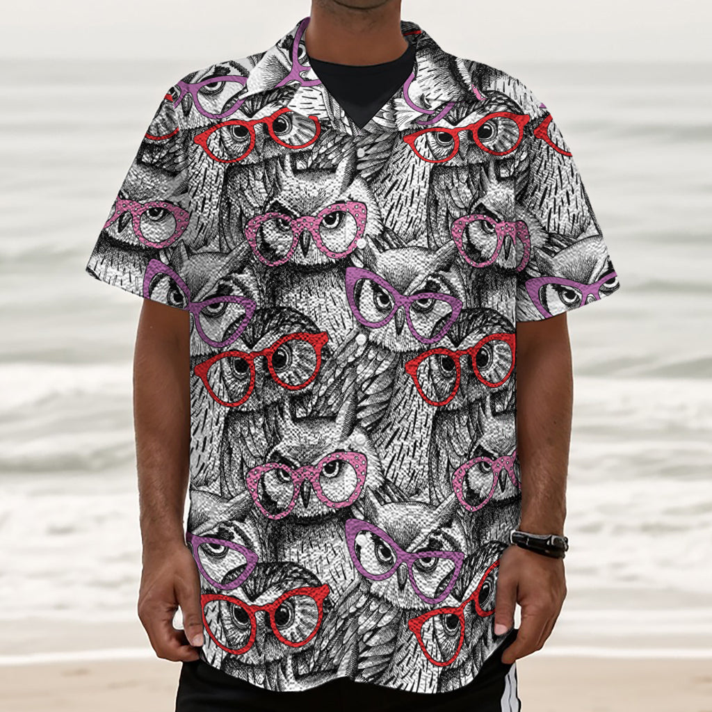 Owl With Glasses Pattern Print Textured Short Sleeve Shirt