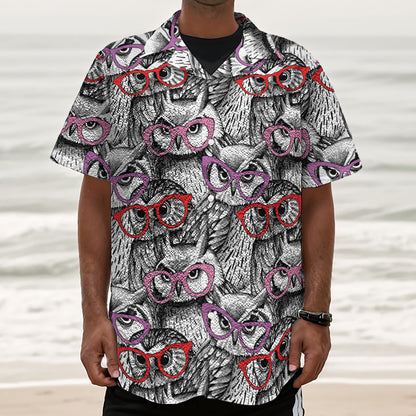 Owl With Glasses Pattern Print Textured Short Sleeve Shirt