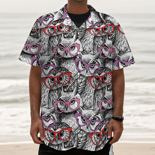 Owl With Glasses Pattern Print Textured Short Sleeve Shirt