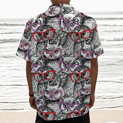 Owl With Glasses Pattern Print Textured Short Sleeve Shirt