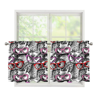 Owl With Glasses Pattern Print Tier Curtains