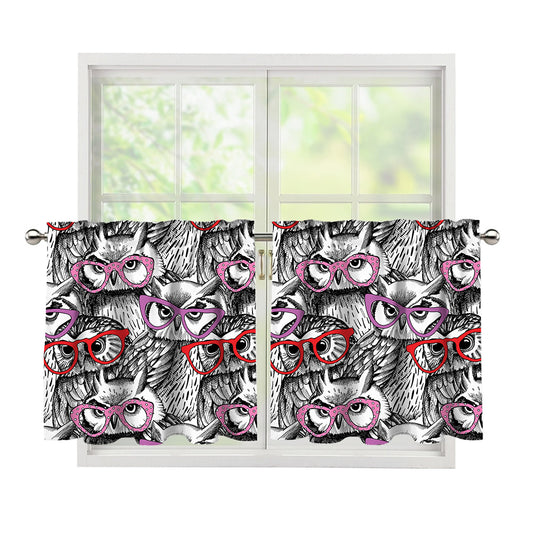 Owl With Glasses Pattern Print Tier Curtains
