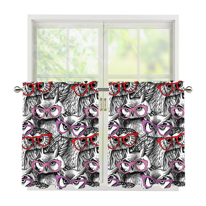 Owl With Glasses Pattern Print Tier Curtains