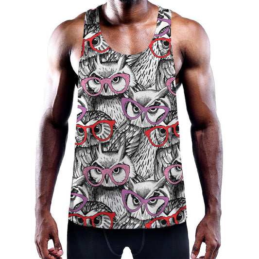 Owl With Glasses Pattern Print Training Tank Top