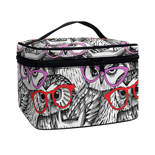 Owl With Glasses Pattern Print Travel Makeup Bag