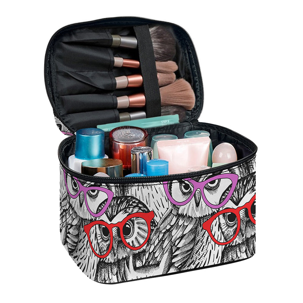 Owl With Glasses Pattern Print Travel Makeup Bag
