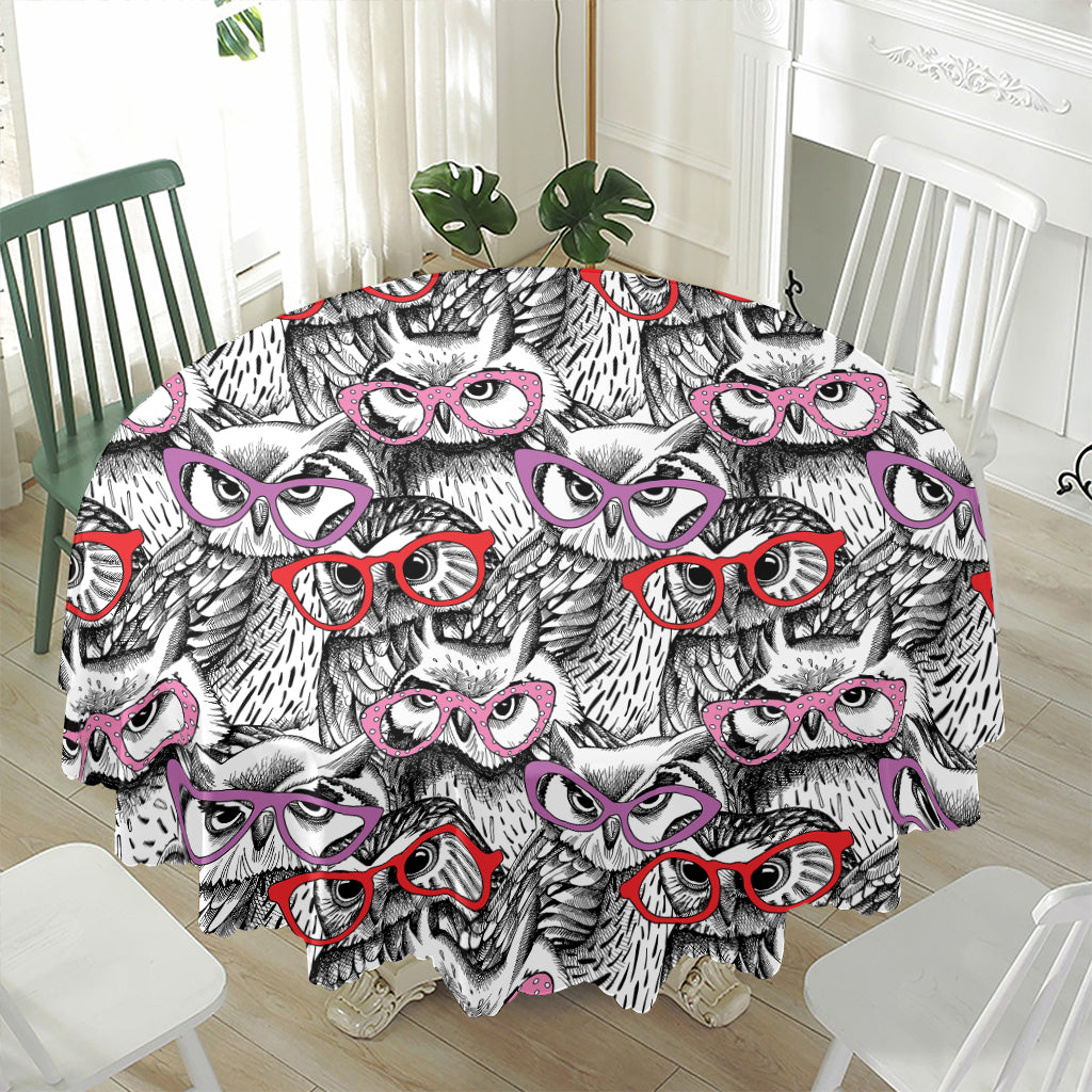 Owl With Glasses Pattern Print Waterproof Round Tablecloth