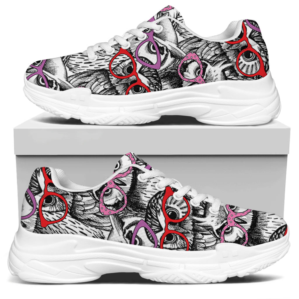 Owl With Glasses Pattern Print White Chunky Shoes
