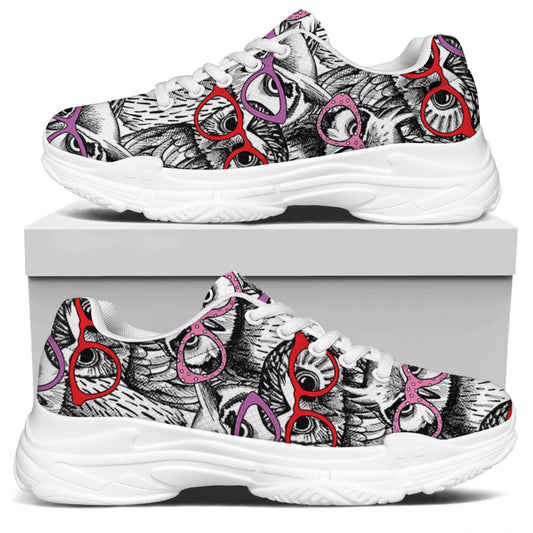 Owl With Glasses Pattern Print White Chunky Shoes